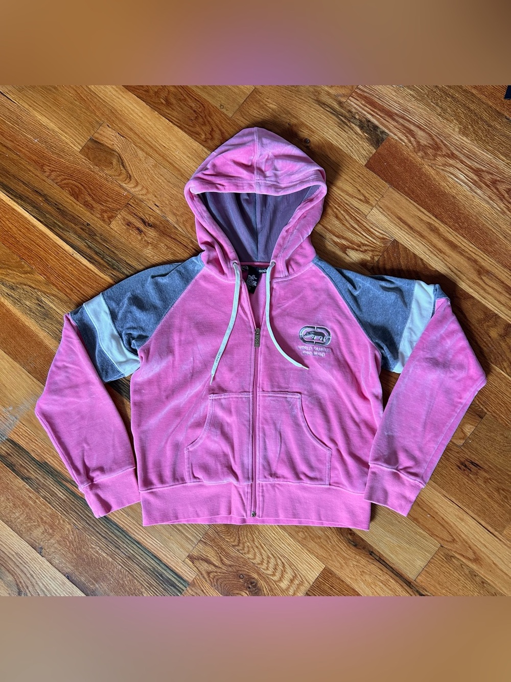 Y2K Ecko Unltd Pink and Grey Velour Zip Up Hoodie